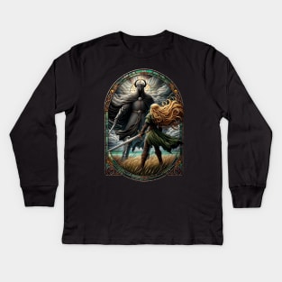 Epic Duel in Stained Glass - A Fierce Maiden and a Dark Wraith - Fantasy Kids Long Sleeve T-Shirt